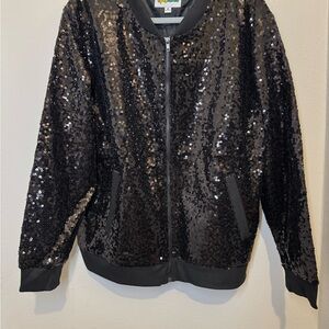 Sequin Black Bomber Full Zip Jacket with Pockets, Tipsy Elves size 1X NWT